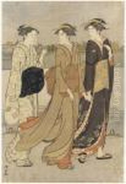 Four Prints, The Right Sheet Of 
The Polyptych, Summer Evening Bythe River At Hamacho, Signed Kiyonaga 
Ga; The Second The Rightsheet Of A Triptych Shoshun No Echigoya (early 
Spring At Theechigoya), Signed Kiyonaga Ga; The Third A Man, Courtesan 
And Oil Painting by Torii Kiyonaga