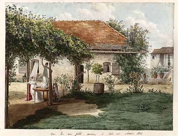 The garden of a small country house near Aix-les-Bains, with two ladies at a table under a pergola, one reaching for grapes Oil Painting by Louise Cochelet