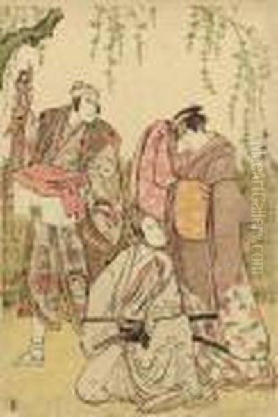 Three Actors In A Scene Under A Willow Tree Oil Painting by Torii Kiyonaga