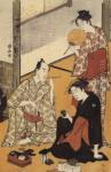 Matsumoto Koshiro Iv En Compagnie De Deux Femmes Oil Painting by Torii Kiyonaga