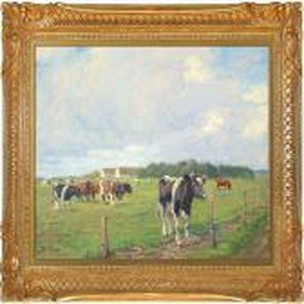 Grazing Cows On The Meadow Oil Painting by Harald Kjaer