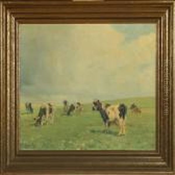 Grazing Cows In The Field Oil Painting by Harald Kjaer