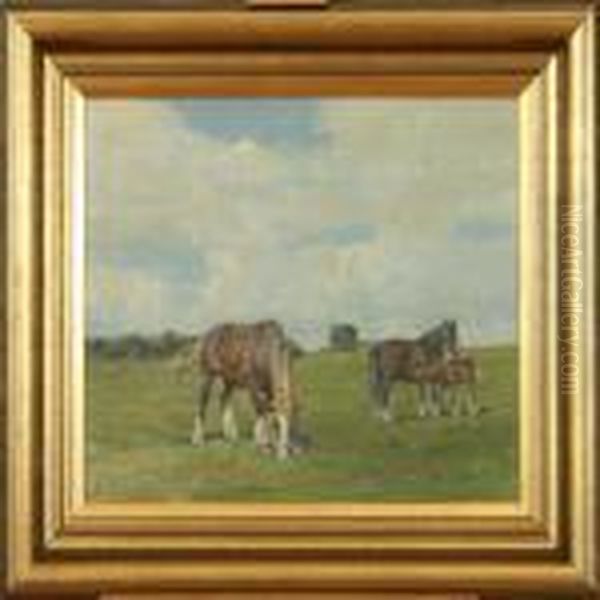 Horses At The Field A Summerday Oil Painting by Harald Kjaer