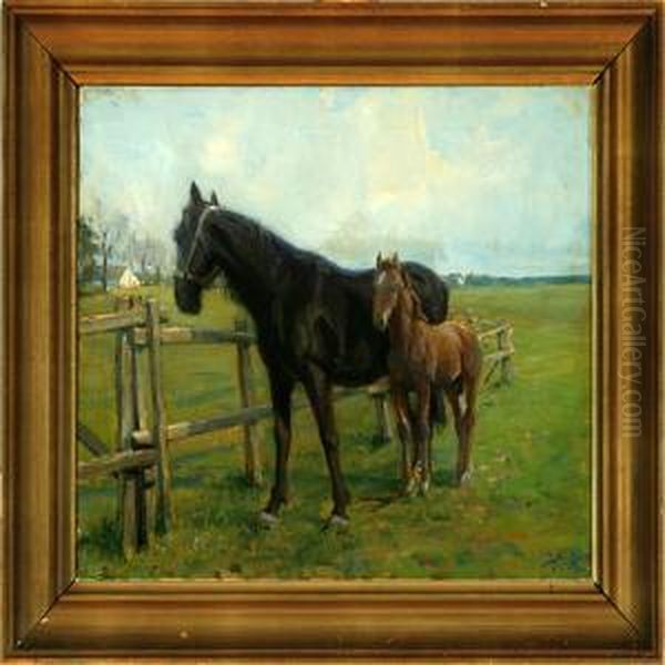 Old Trotter With A Foal. 
Skjoldgaarden Farm. Signed H. K. Plus Signed And Dated On The Stretcher 
Harald Kjaer 1924 Oil Painting by Harald Kjaer