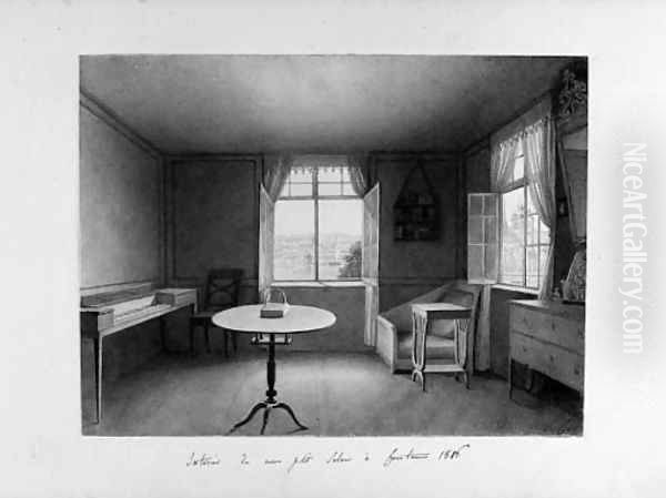 Interior of the artist's room at Lake Constance, with the lake seen through a window Oil Painting by Louise Cochelet