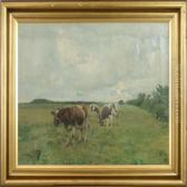 Cows In The Field Oil Painting by Harald Kjaer