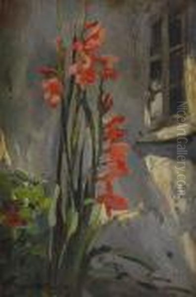 Gladiolus Vid Husvagg Oil Painting by Esther Kjerner