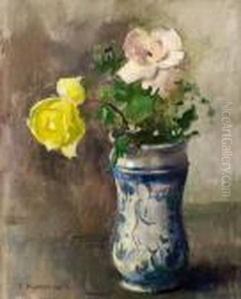 Rosor I Blavit Vas. Signerad E Oil Painting by Esther Kjerner