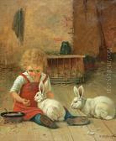 Madchen Mit Zwei Hasen (girl Playing With Tworabbits) Oil Painting by Theodor Kleehaas