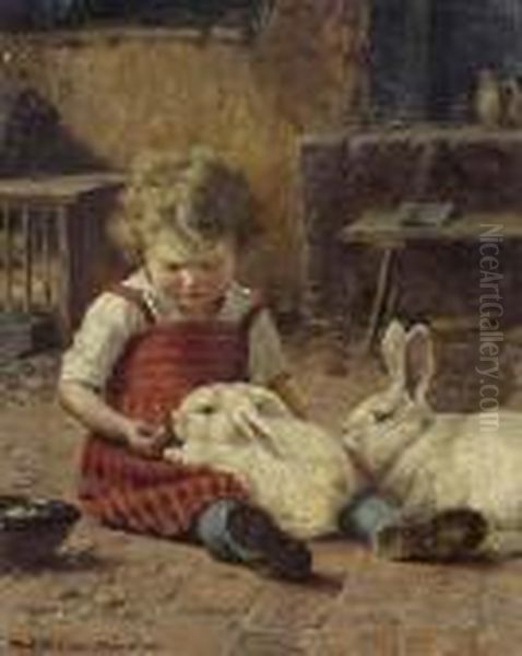 Girl With Two Hares. Oil Painting by Theodor Kleehaas