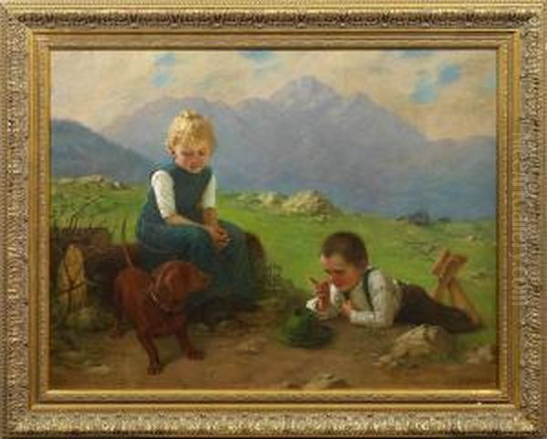 Spielendes Kinderpaar Mit Dackel Auf Der Sommerlichen Alm Oil Painting by Theodor Kleehaas