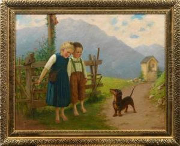 Kinderpaar Mit Dackel In Den Hochalpen Oil Painting by Theodor Kleehaas