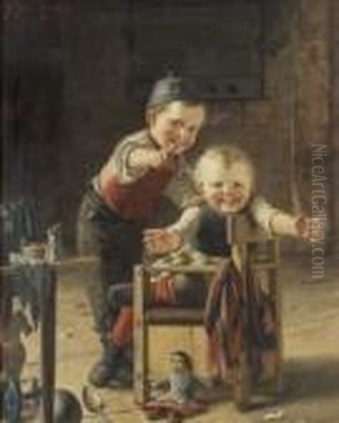 Zwei Spielende Kinder. Oil Painting by Theodor Kleehaas