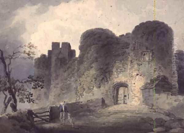 Entrance of Carisbrooke Castle, with a Youth and a Lamb standing near a Gate Oil Painting by John Collins