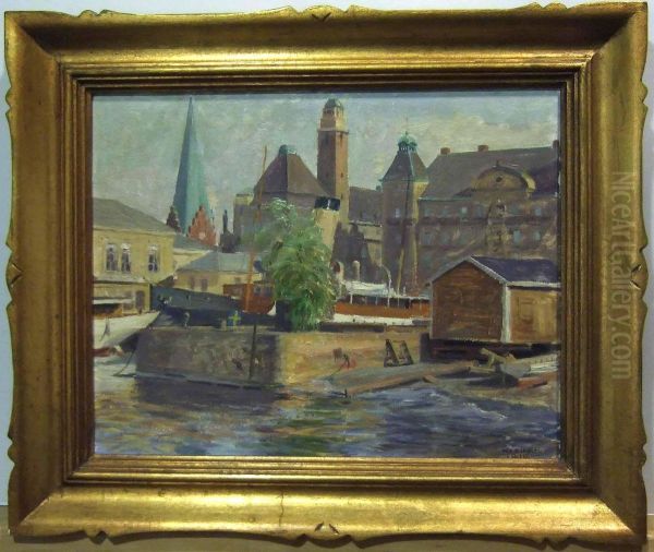 Hamnmotiv Fran Malmo. Oil Painting by Axel Kleimer