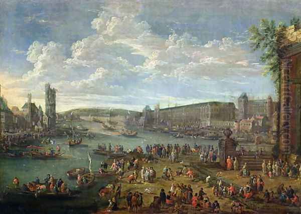 View of the Louvre and the Tour de Nesles from the Ile de la Cite, c.1673-74 Oil Painting by Pieter II Casteels