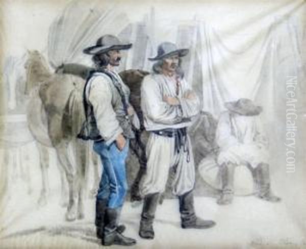 Horsemen By Their Mounts Oil Painting by Johan Adam Klein