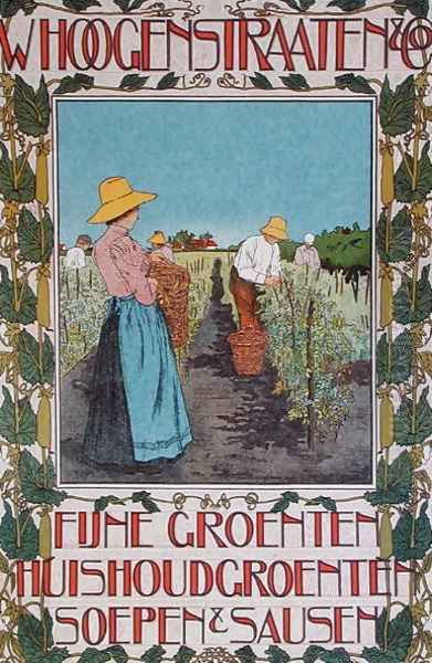 Harvesting peas, poster advertising 'Whoogenstraaten & Co., purveyors of fine vegetable, soups and sauces' c.1898-90 Oil Painting by Johann Georg van Caspel