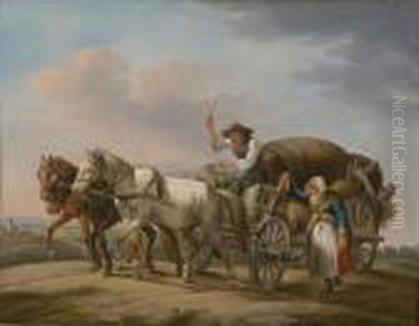 Dreispanniges Pferdefuhrwerk Auf Der Landstrase. Oil Painting by Johan Adam Klein