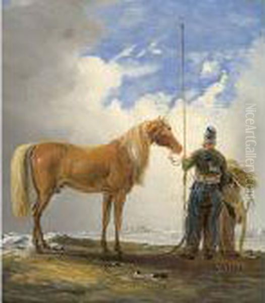 Kosakenreiter Mit Lanze, Als 
Ruckenfigur Neben Seinem Pferdvor Den Toren Nurnbergs Stehend Oil Painting by Johan Adam Klein