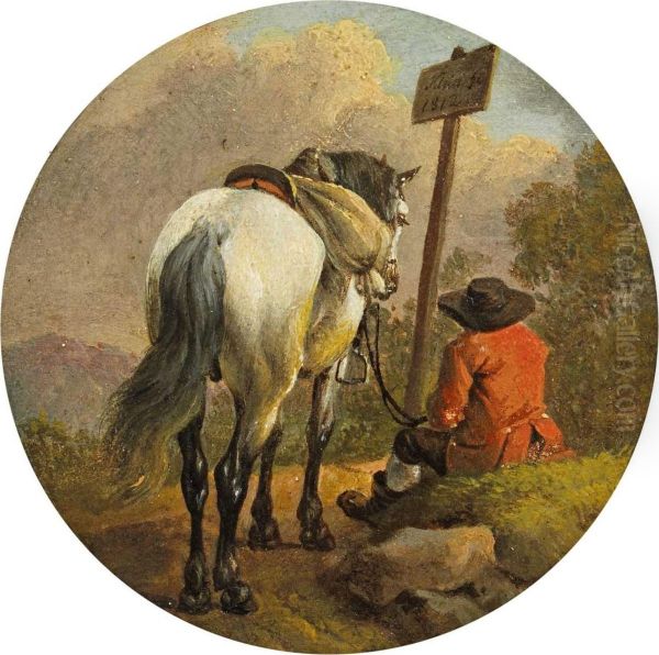 Rastender Reiter Mitseinem Gesatteltem Schimmel Oil Painting by Johann Adam Klein