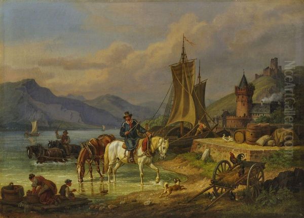 Treidler Am Flussufer Oil Painting by Johann Adam Klein