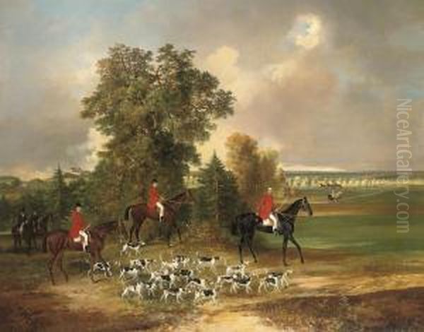 A Hunt In The Grounds Of The 
Chateau Of Lysa Nad Labem, Bohemiawith Prince Louis Rohan 
Guemmenee-rochefort (b. 1833) At The Headof The Hounds Oil Painting by Johann Adam Klein