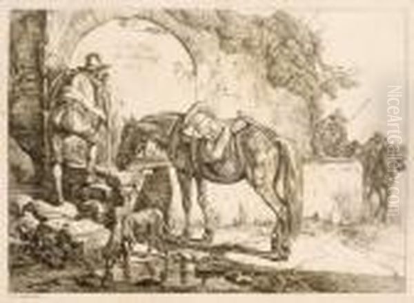 Reiter Mit Pferd Am Brunnen Oil Painting by Johann Adam Klein