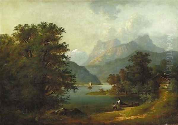 Figures by a Cabin in a Mountainous River Landscape Oil Painting by Benjamin Champney