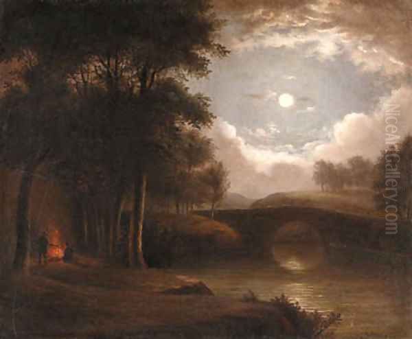 Moonlight Landscape with Campfire Oil Painting by Benjamin Champney