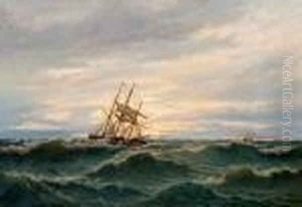 Ship In Distress Oil Painting by Oskar Conrad Kleineh