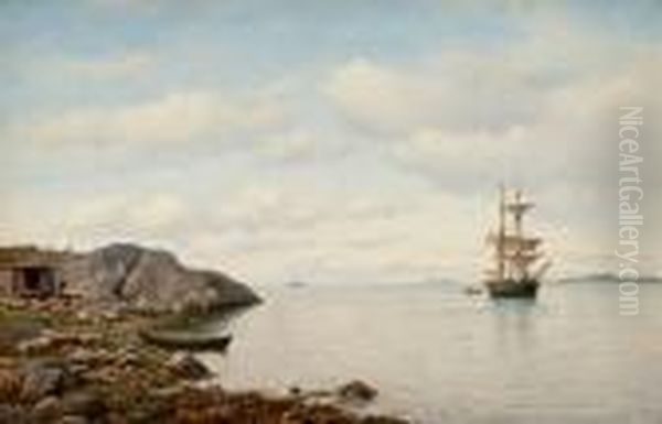 Sailing Ship Near The Shore Oil Painting by Oskar Conrad Kleineh