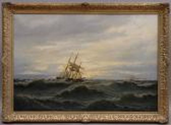 Ship In Stormy Seas Oil Painting by Oskar Conrad Kleineh