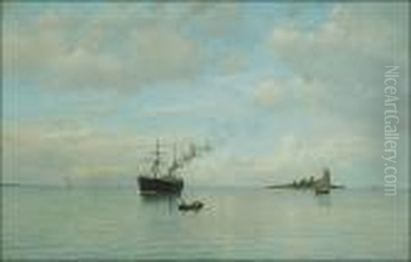 Steamer On A Calm Sea Oil Painting by Oskar Conrad Kleineh