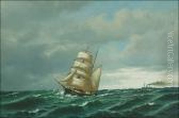 Sailing Ship On Rough Seas Oil Painting by Oskar Conrad Kleineh