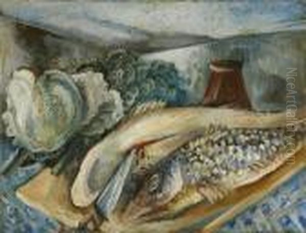 Stilleben Mit Fischen Und Kohl Oil Painting by Paul Kleinschmidt