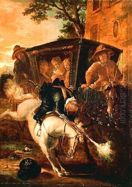 With a Musket on his Back, Ragotin Climbs onto his Horse to Accompany the Troupe, from Roman Comique Oil Painting by Jean de Coulom