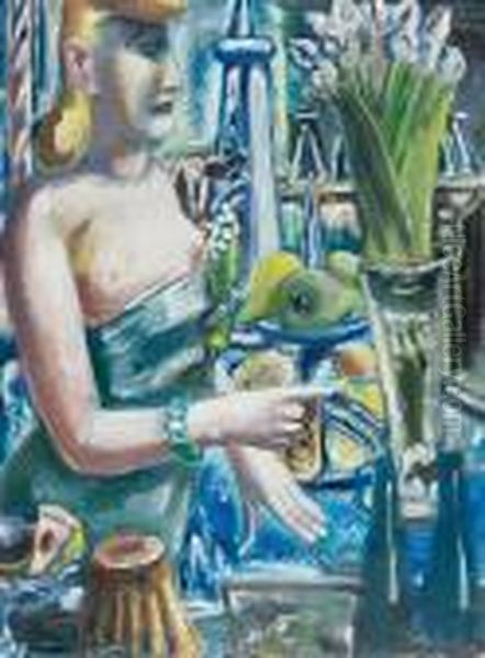 Lady At The Bar With Fruit And Flowers Oil Painting by Paul Kleinschmidt