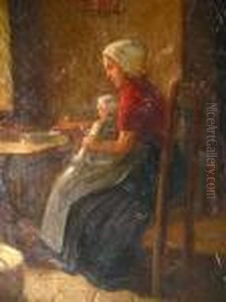 Woman And Child In Interior Oil Painting by Joseph A. Kleitsch