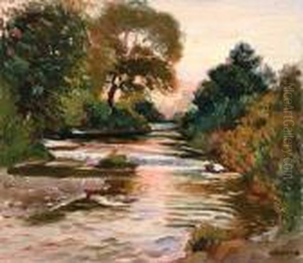 River Landscape At Sunset Oil Painting by Joseph A. Kleitsch