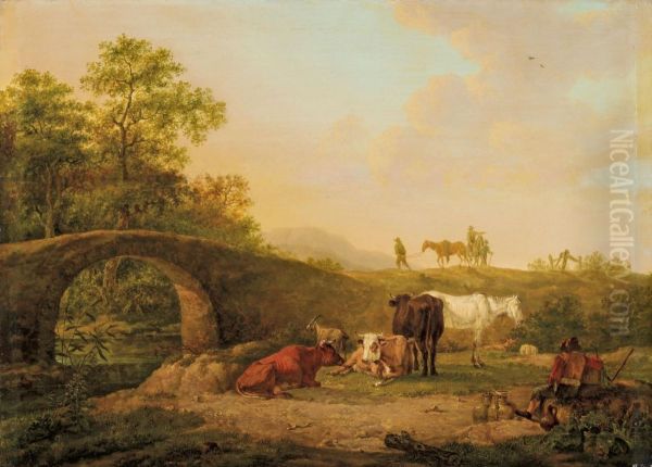 Landschaft Mit Hirten Undherde An Einer Brucke Oil Painting by Johann Christian Klengel