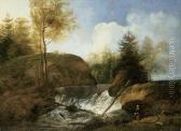 Landschaft Mit Wasserfall, Hirtin Und Herde Oil Painting by Johann Christian Klengel