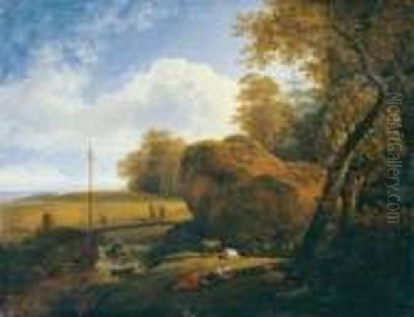 Bewaldete Landschaft Mit
 Schlafender Hirtin.

 Signiert Unten Rechts: Klengel F.

 Ol Auf Holz. H Oil Painting by Johann Christian Klengel