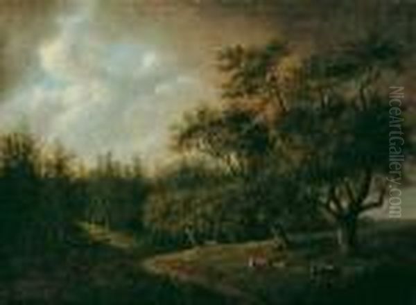 Waldige Landschaft Mit Hirtenjungen Und Herde. Oil Painting by Johann Christian Klengel