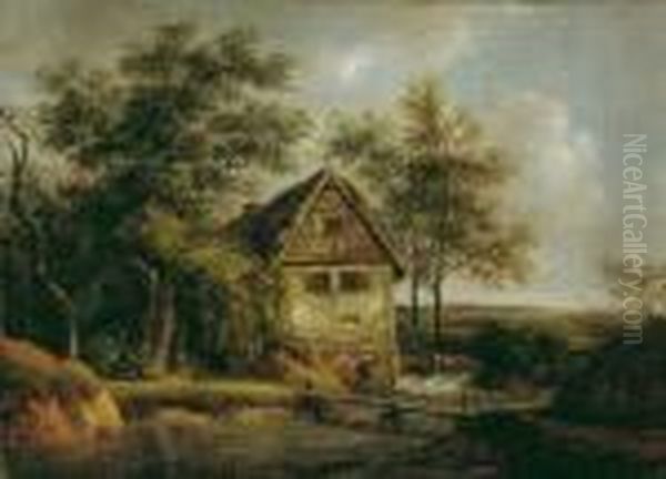 Eine Wassermuhle Zwischen Baumen. Oil Painting by Johann Christian Klengel