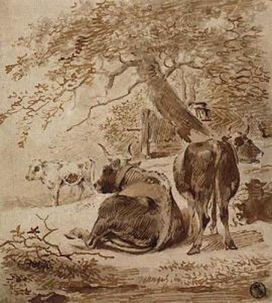 Landscape With Three Cows And Two Sheep Under A Tree<</b> Oil Painting by Johann Christian Klengel