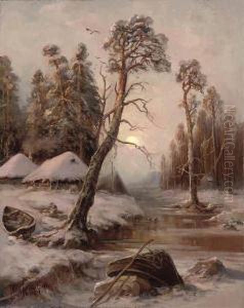 Winter Landscape With Lake Oil Painting by Iulii Iul'evich (Julius) Klever