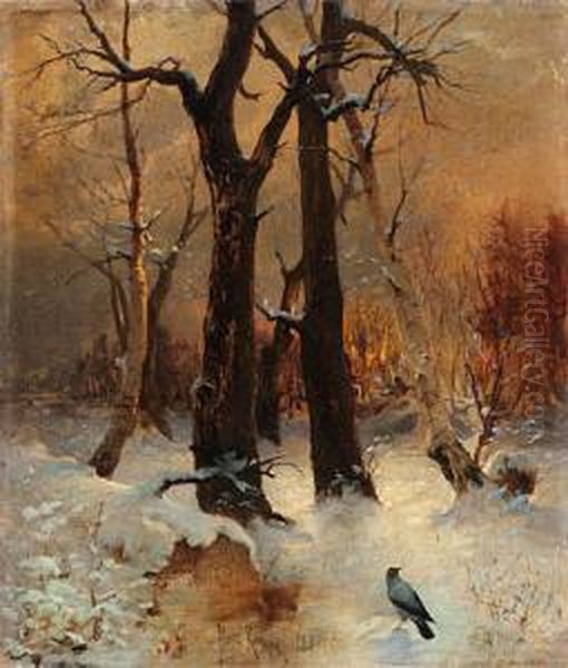 Pejzaz Zimowy Z Wrona, 1884 (?) Oil Painting by Iulii Iul'evich (Julius) Klever