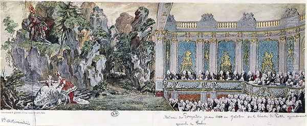 Jeanne Antoinette Poisson (1721-64), Marquise de Pompadour and the Vicomte de Rohan acting in the opera 'Acis et Galatee' in the Theatre des Petits Cabinets at Versailles, February 10th, 1749 Oil Painting by Cochin, Charles Nicolas II