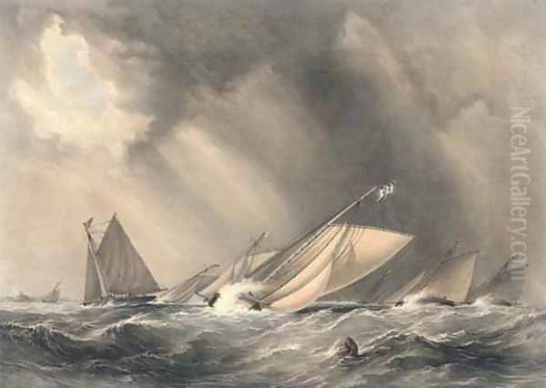 Match at Cowes for a cup given by the members of the Royal Yacht Squadron, Augt. 14th, 1844, by G. Hawkins Oil Painting by Nicholas Matthews (1816-51) Condy